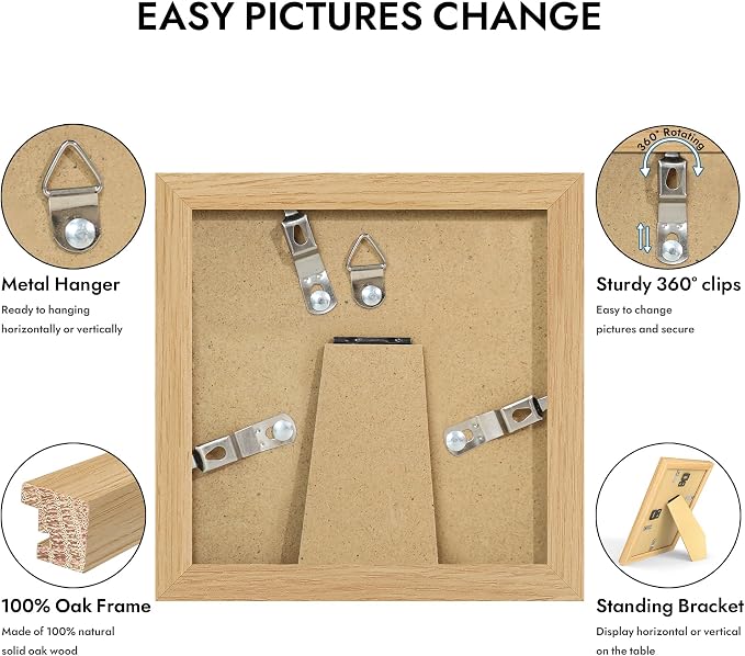 Hongkee 4x4 Oak Wood Picture Frame 1 Pack(Matted 3x3) with Real Glass Cover | Natural, 4 x 4 Solid Wood Frame for Wall or Tabletop Display - Includes Easel Back, Vertical Hang - Ideal for Home, Office