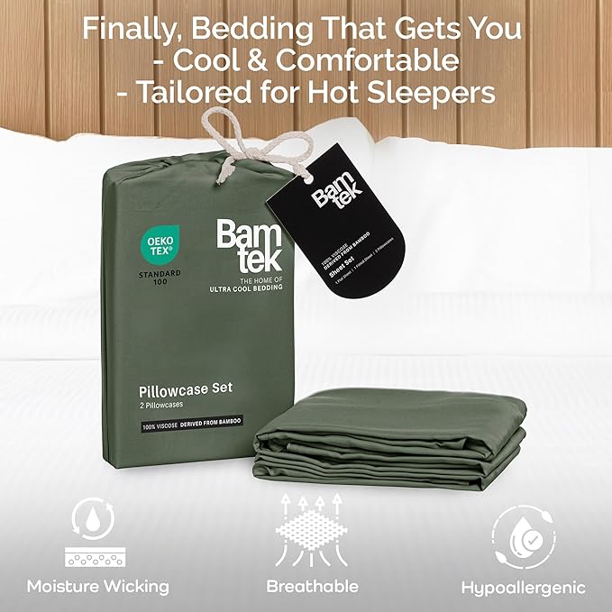 Pillow Cases Queen Size Set of 2 Pillowcases 100% Viscose from Bamboo Cooling Pillowcases, Soft & Breathable Pillow Case with Envelope Closure, Green Pillow Cases (Moss)