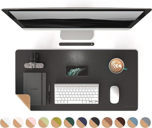 RENMTURE Dual-Sided Mouse Pad, Natural Cork & PU Leather Large Desk Pad for Office and Home Work, Desk Protector Non-Slip, Waterproof, Easy Clean (Black, 32"x16")