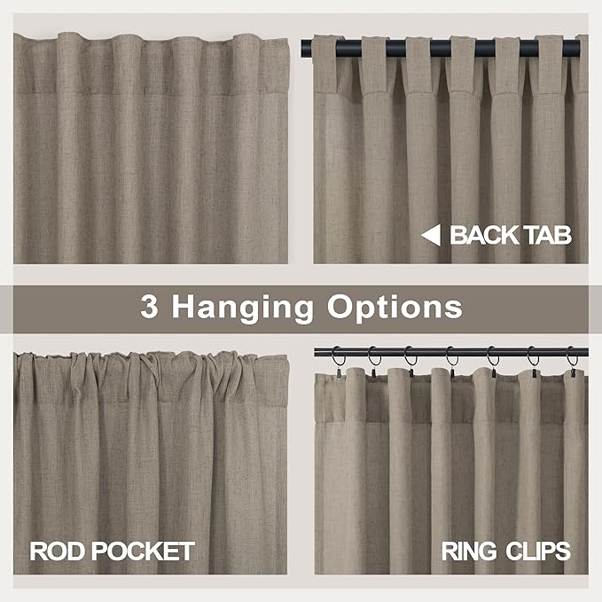 Pitalk Taupe Linen Curtains 54 Inch Length for Bedroom Farmhouse Cottage Core Linen Textured Light Filtering Semi-Sheer Curtain 2 Panels Burlap Look Privacy Linen Drapes 52x54 Long Back Tab Taupe Tan