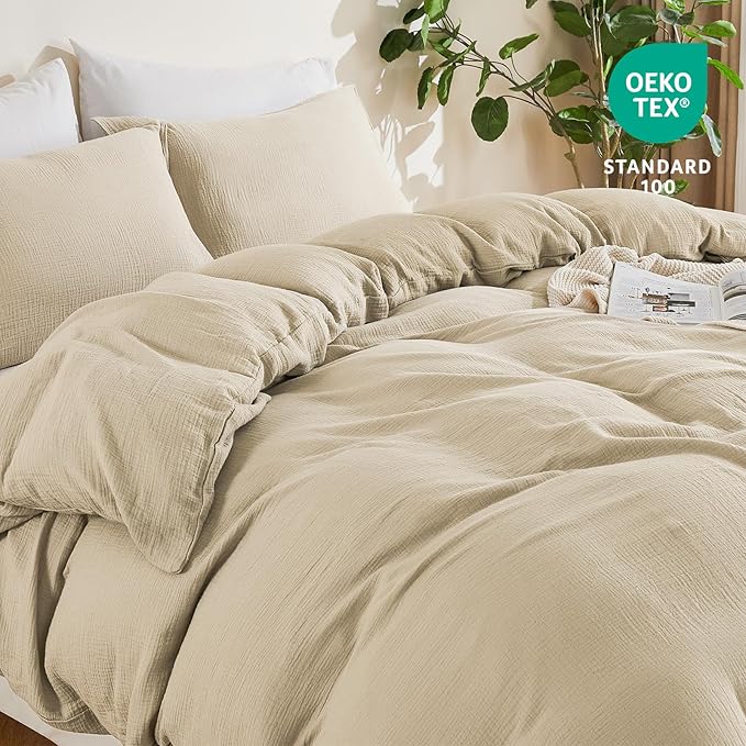 EMME Muslin Cotton Duvet Cover Set King Size Linen Like Soft Breathable Lightweight Summer Comforter Cover Set with Zipper Closure (King, 104"x90")