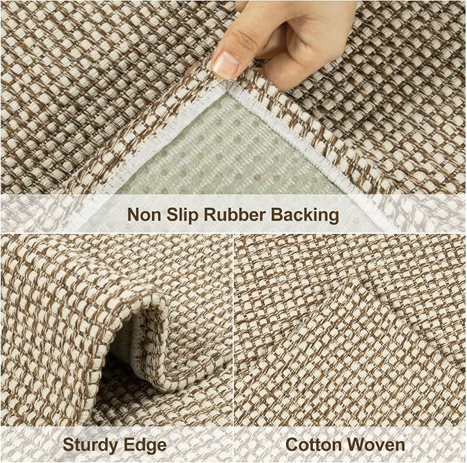 Uphome Kitchen Runner Rug, 2'6x8 Washable Boho Rug Runners for Hallways Non Slip, Low Pile Woven Cotton Modern Carpet Runners, Stain Resistant Bedroom Runner Rug for Hallway Entryway Entrance, Tan