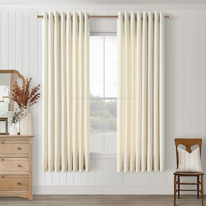 Cream Beige Curtains 63 Inch Length for Bedroom Set of 2 Panels Grommet Ring Semi Sheer Linen Light Filter Neutral Rustic Farmhouse Curtains for Dining Room Bay Picture Window Country Decor 52x63