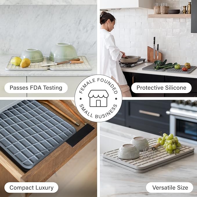 Dorai Home Dish Pad - Collapsable Stone Dish Drying Mat with Diatomaceous Earth for Quick Drying - Ultra Absorbent - Encased in Silicone - Eco-Friendly, Foldable - Large 24.6" x 16.5", Ash