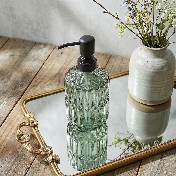 2-Pack Green Glass Soap Dispenser for Bathroom, Decorative Hand Soap Dispenser with Black Rust Proof Pump, Farmhouse Kitchen Soap Dispenser for Hand Soap, Dish Soap, Lotion, Body Wash (14 OZ)