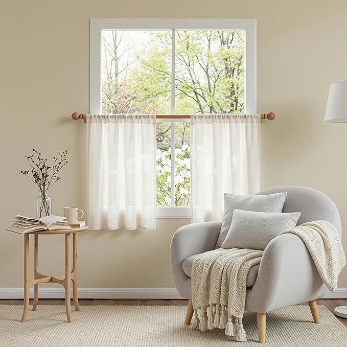 MYSKY HOME Semi Sheer Natural Linen Curtains 36 Inch Length, Light Filtering Cream Tiers Curtains Rod Pocket Neutral Window Drapes for Bathroom/Kitchen/Basement, Beige White, 34 x 36 Inch,2 Panels