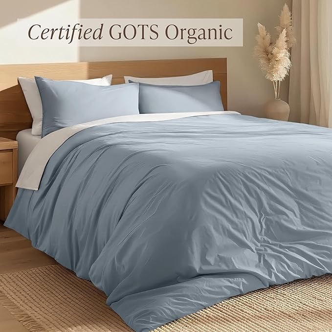 Bare Home 100% Organic Cotton Extra Long Duvet Cover Set - Crisp Percale Weave - Lightweight & Breathable - Cooling Duvet Cover Set (Twin/Twin XL, Dusty Blue)