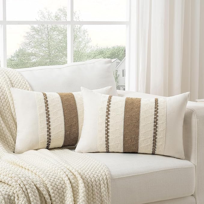 Fancy Homi Set of 2 Boho Light Brown Lumbar Decorative Throw Pillow Cover 12x20 Inch for Couch Bed Sofa Chair, Modern Organic Farmhouse Home Decor, Soft Cotton Cute Accent Rectangle Cushion Case