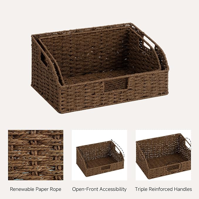 StorageWorks Pantry Baskets for Organizing, Paper Rope Storage Baskets for Shelves with Built-in Handles, Pantry Organizers and Storage, Brown, Set of 2 (Large and Medium)