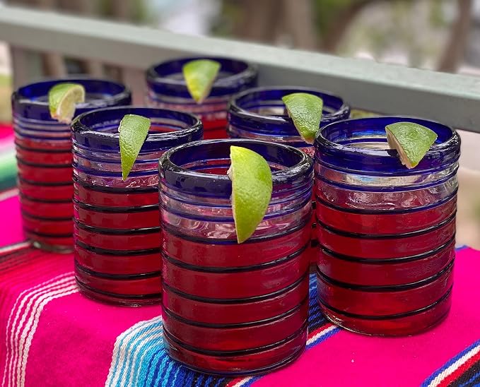 Dos Sueños Hand Blown Mexican Drinking Glasses – Set of 6 Tumbler Glasses with Blue Spiral Design (10 oz each) …