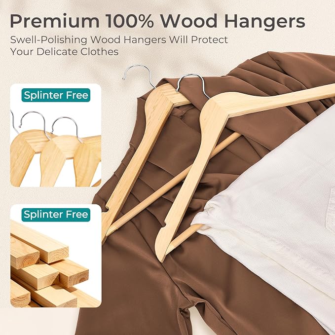 HOUSE DAY Premium Wooden Hangers 50 Pack - Heavy Duty & Durable Coat Hanger | Natural Wood Suit Hangers, 360° Swivel Hook & Pant Bar, Ideal for Jackets, Dresses, Shirts, Perfect for Closet Organization