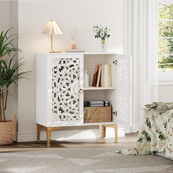 JOINICE 31.5" White Accent Cabinet with Carved Doors & Storage, Set of 2 | Carved Floral Design, Boho, Versatile Storage for Living Room & Bedroom & Hallway & TV Stand, Adjustable Shelf, Easy Assembly