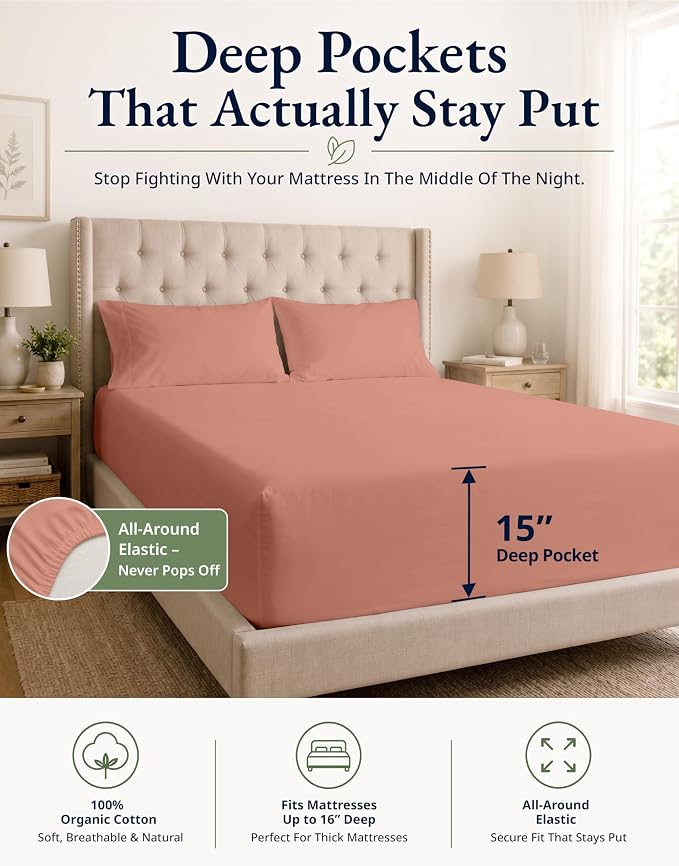 LANE LINEN 100% Organic Cotton Fitted Sheet Full Size Set (No Flat Sheet) - Soft & Breathable Percale Weave Fitted Sheet Set - 15'' Deep Pocket for Snug Fit - GOTS Certified - Rose Dawn