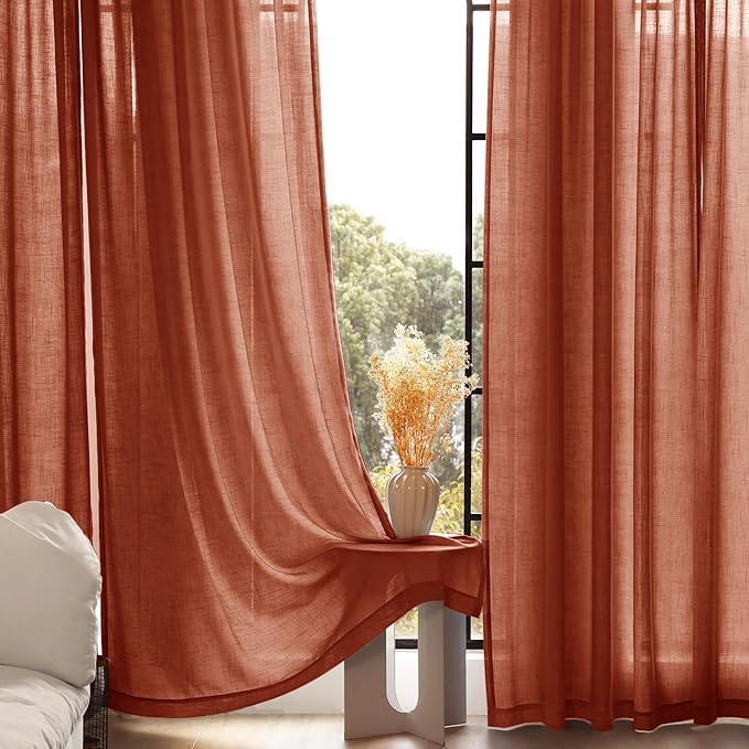 72 inch Linen Terracotta Curtains 2 Panels for Living Room Back Tab Light Filtering Semi Sheer Rust Colored Curtains 72 inches Long Soft Thick Cotton Cloth Textured Rustic Boho Farmhouse Room Decor