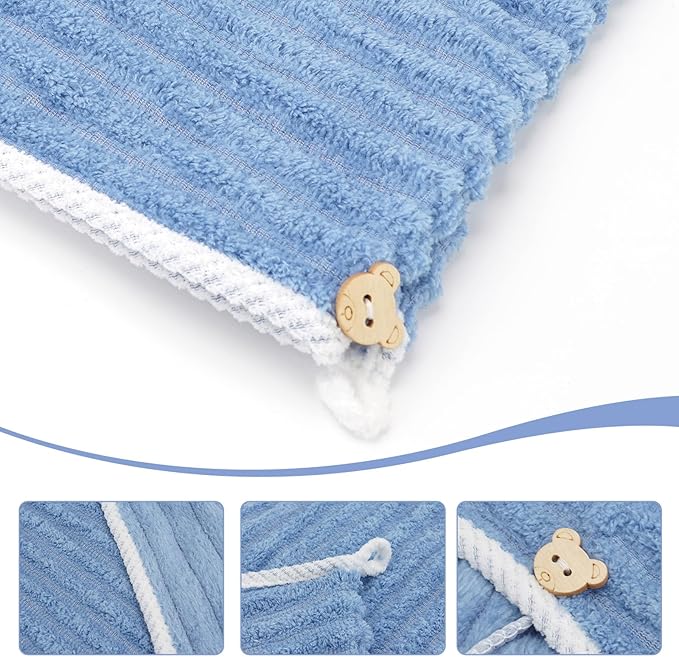 Microfiber Hair Towel Wrap for Women, Soft Lightweight Quick Dry Turban, Drying Hair Towels for Women, Hair Drying Towel with Button for Curly & Long Hair - Blue (Note: This model is ultra-slim.)