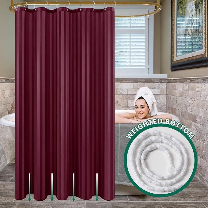 Biscaynebay Fabric Shower Curtain or Liner 72" by 72", Burgundy Water Repellent Damask Stripes Bathroom Curtains Machine Washable