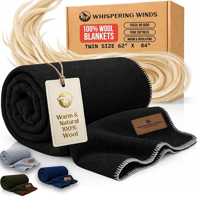 Whispering Winds 100% Wool Blanket, Premium Twin Size (62"x84") | Soft, Warm, Thick, Comfortable, For Bed, Couch, Home, Car, Camping, Outdoors, Survival