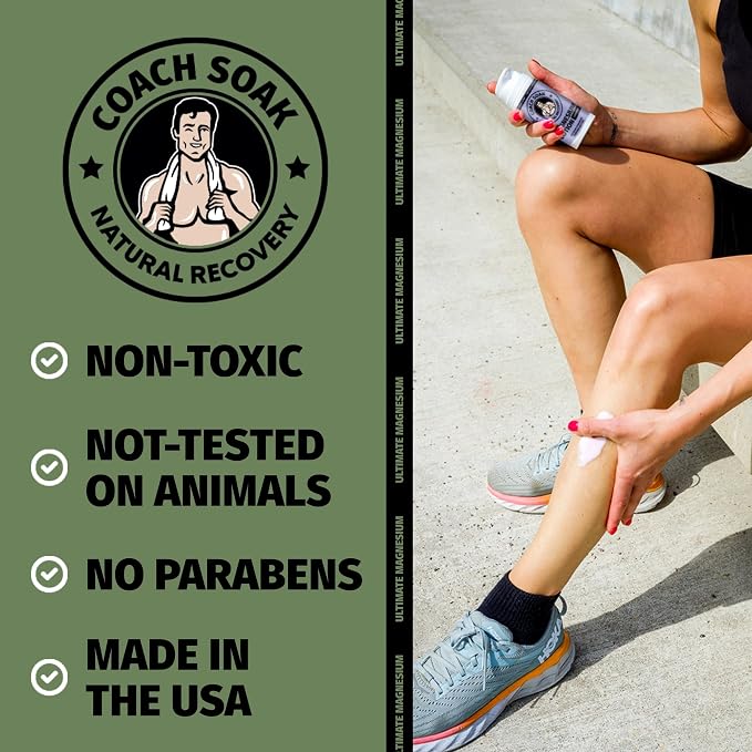 Coach Soak Magnesium Lotion with MSM & Menthol, Eucalyptus 3.4oz | Magnesium Chloride Non-Greasy Alternative to Epsom Salt Lotion and Cream - Apply Before Sleep for Feet, Leg Cramps & Body