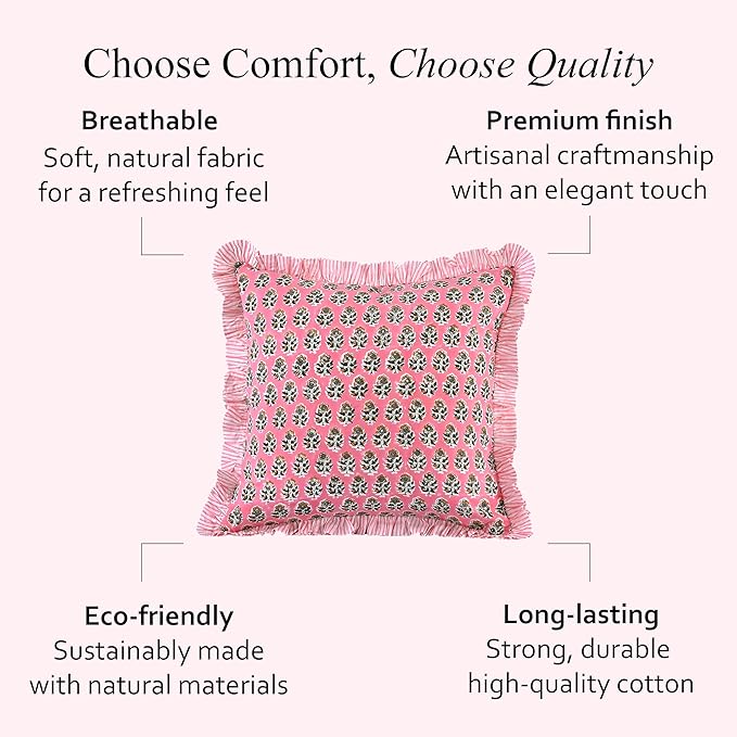 CPC Poppy Pink Ruffle Throw Pillow Covers for Couch, 24x24 Inch Cotton Stripe Ruffle Couch Pillows for Living Room, Hidden 20 Inch Zipper Boho Pillow Case or Cute Outdoor Pillows