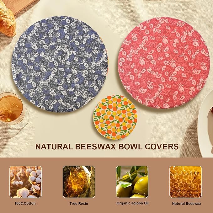 Reusable Bowl Covers for Bread Proofing - Beeswax Bowl Covers Reusable 3 Set, Cotton Blend Stretch Design, Fits 4-13 Inch Bowls, Shower Caps for Sourdough Bread, Dough Proofing & Food Storage（Leaves）