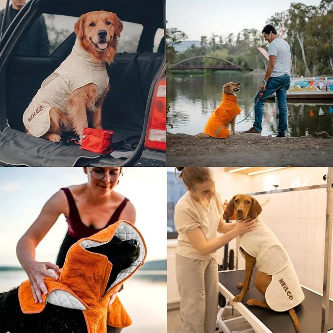 Fast Drying Double-Layer Dog Robe, 720g Heavyweight Dog Bathrobe, Super Absorbent Dog Towels for Drying Large Dogs, Bamboo Cotton Warm Dog Pajamas, Orange