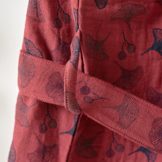 100% Cotton Gauze Ginkgo Leaf Kimono Robe, Long Knit Loose Bathrobe Nightgown Ladies Loungewear Sleepwear for Women