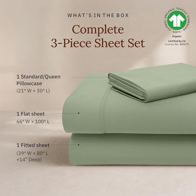 California Design Den XL Twin Sheet Set - 100% Organic Cotton, Soft and Lightweight Sateen Bed Sheets Twin XL, Deep Pockets, Durable Bedding - Pale Green