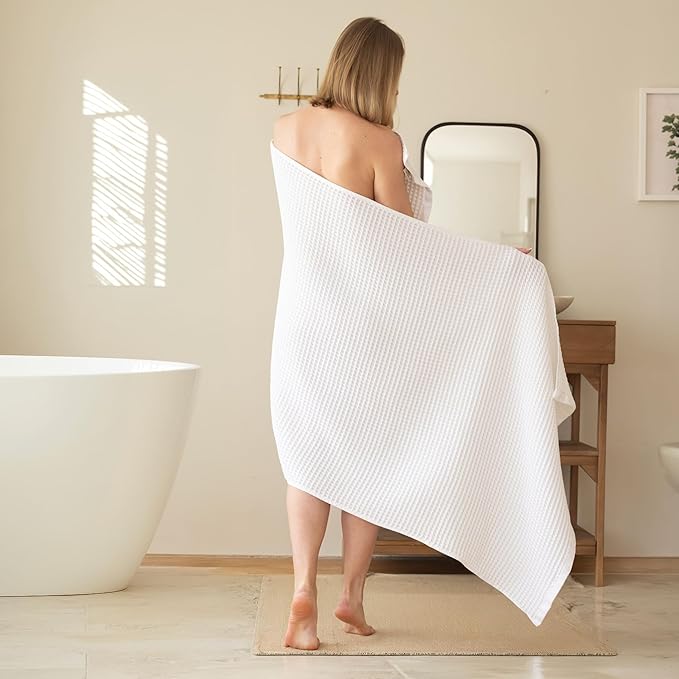 Premium Waffle Bath Towels Pack of 2 Extra Large 35x71 inch - 100% Turkish Cotton, Waffle Weave, Quick Dry, Lint Free, Oversized, Thin Bath Sheet Towel (White, Set of 2 Bath Towels)