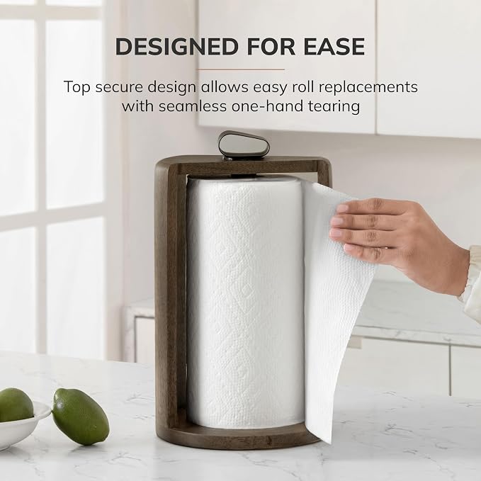 Anji Mountain Wooden Paper Towel Holder with Iron Holder, Holder Stand for Kitchen Roll Organizer & Kitchen Dining Table Home Décor, Countertop Fits Jumbo & Mega Rolls - Chocolate/Black, Top Load