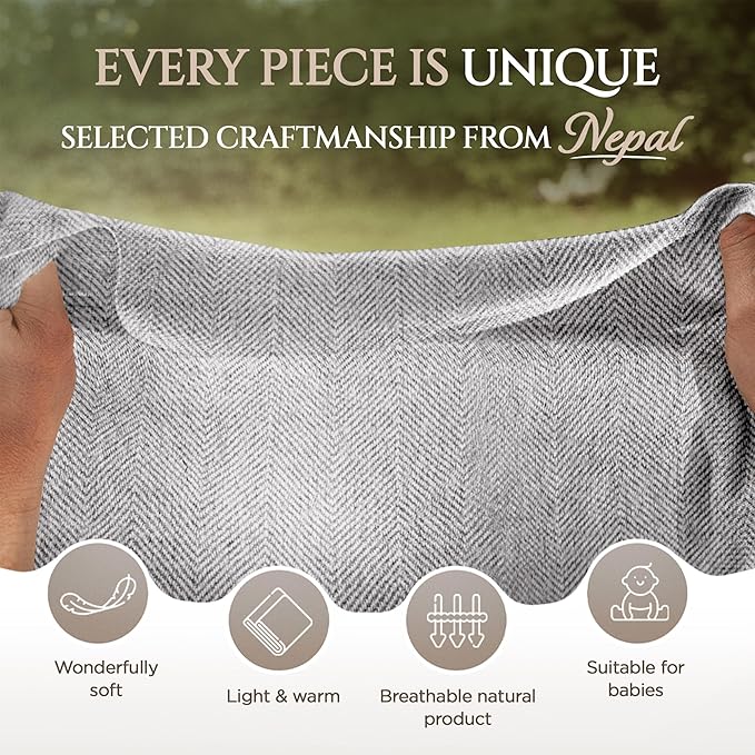 Cashmere Blanket – Hand Woven 100% Pure Wool Throw Blanket, 135 x 270 cm – Fine Herringbone Pattern Cozy, and Soft Blanket for Bed, Sofa, or Couch - Made in Nepal