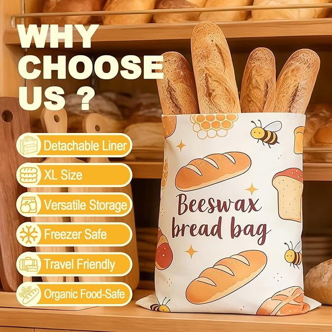 2 Pack Reusable Organic Beeswax Food Wraps, Honeycomb Organic Cotton Bread Storage Bags, Plastic Free Sourdough Bread Keeper, Freezer Safe 12.6x17 Inches, 2 Pack