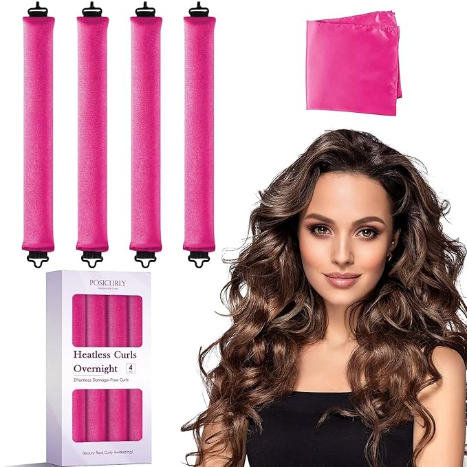 Heatless Curls Overnight Hair Curlers - 4 Pcs No-Heat Curling Rod to Sleep In,Velvet Hair Rollers with Satin Wrap