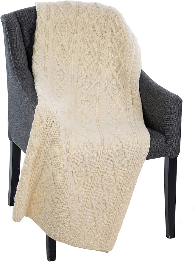 SAOL 100% Merino Wool - Aran Knit Couch Throw Blanket 40" x 60" (102 x 152 cm) (Natural)