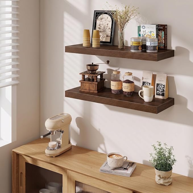 Fun Memories Floating Shelves for Wall, 30 Inch Long Floating Shelves Set of 3, 30 x 10 Wooden Shelves for Wall, Large Storage Shelves, Hanging Shelves for Bathroom Kitchen Bedroom, Walnut