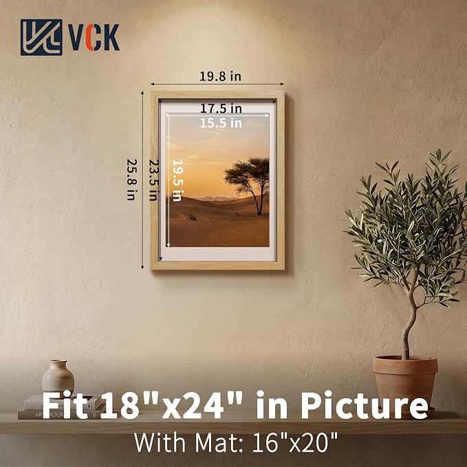 VCK 18x24 Poster Frames Natural - 3 Pack, Wide Border Solid Wood, Display 16x20 Photo with Mat or 18 x 24 Picture Without, for Home, Office, Gallery, Woodgrain Series, Wall Hanging
