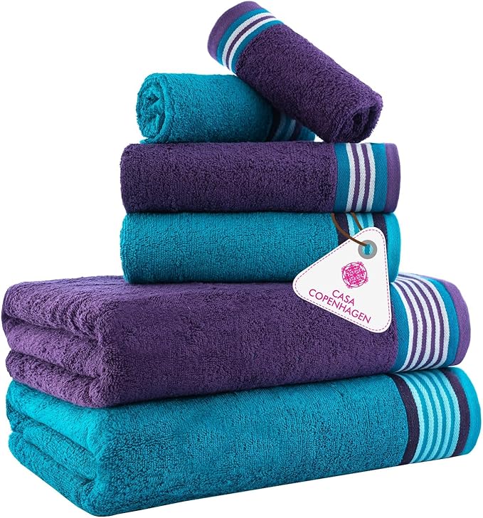 CASA COPENHAGEN He & She 6Pcs 100% Egyptian Cotton Large Designer Towels Gift Set- Indigo - Cyan, 550GSM, 2Bath 2Hand 2Washcloths, Bath Towels for Bathroom (Gift Set for Women & Men)