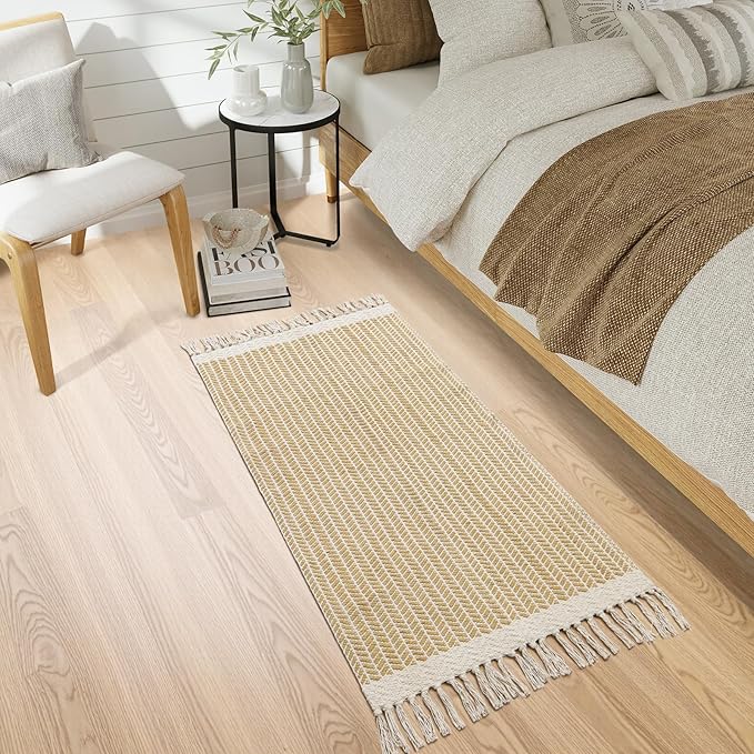 Lahome Belle Boho Kitchen Runner, 2x4.3 Bathroom Runner Rug Lightweight Entryway Rugs Woven Cotton Throw Mat with Tassels, Farmhouse Non Shedding Washable Low Pile Runners for Bedroom Doorway, Khaki