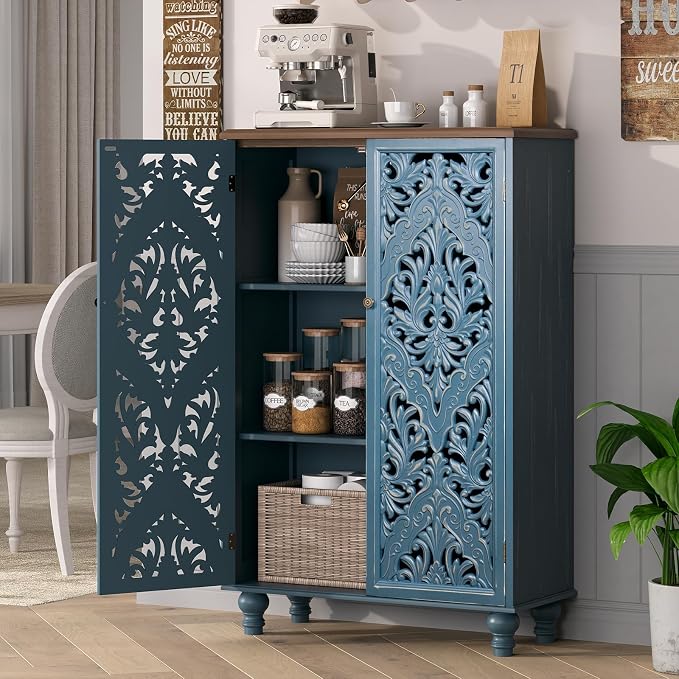 JOINICE 47" Tall Accent Cabinet with Carved Doors & Storage for Living Room | Vertical Storage for Dining Room,Bedroom, Carved Floral Design, Walnut Finish Top, Farmhouse/Rustic Style, Adjustable Shelves