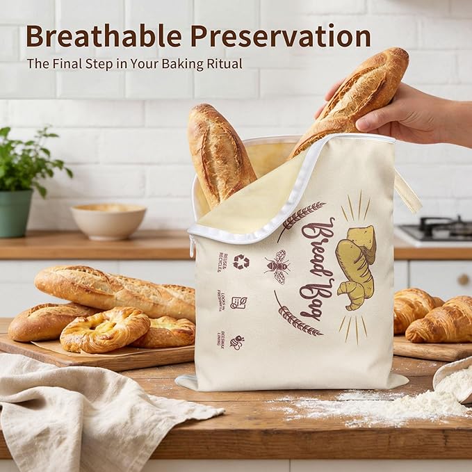 2 Pack Beeswax Bread Bags with L-Shaped Zipper, X-Large Easy-Access Reusable Wrap for Sourdough & Baguettes, Sustainable Organic Cotton Food Storage, Zero Waste Artisan Bread Protector