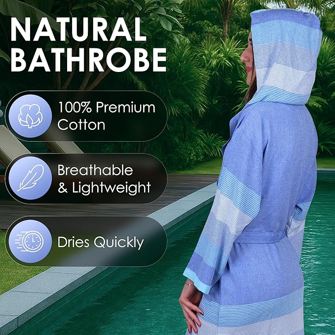 ATANI 100% Turkish Cotton Bathrobe S-XXL for Women & Men – Peshtemal Style Soft Cozy Lounge Robe, Absorbent & Lightweight