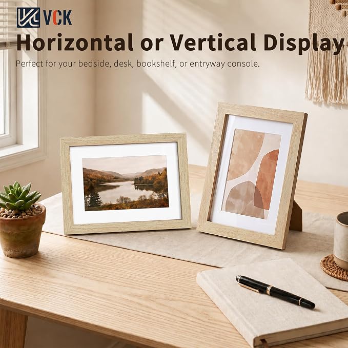 VCK 8x12 Picture Frames Natural - 3 Pack, Wide Border Solid Wood, Tempered Glass, Display 6x8 Photo with Mat or 8 x 12 Without, for Home, Office, Gallery, Woodgrain Series, Tabletop & Wall Hanging