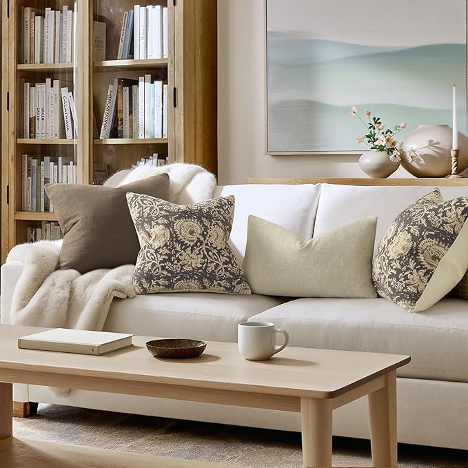 Vintage Floral Print Throw Pillow Covers 24x24 Set of 2 Neutral Modern Farmhouse Pillowcases Accent Decorative Cushion Covers Boho Home Decor for Couch Sofa Chair Bed Living Room, Rustic Gray
