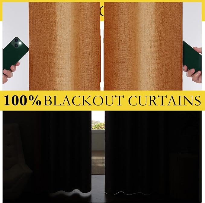 NICETOWN 100% Blackout Burnt Orange Curtains, W52 x L90 in, Thick Linen Blend Rod Pocket & Back Tab, Thermal Insulated Draperies with Grey Liner for Bedroom, Living Room(Set of 2, Terracotta)