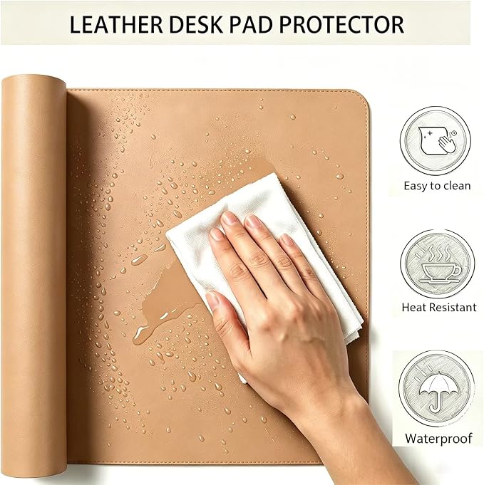 Leather Office Desk Pad Protector, Large Mouse Mat, Non-Slip, PU Leather, Laptop Desktop Blotter, Waterproof Writing Surface for Work and Home, Khaki, 19.5" x 55"