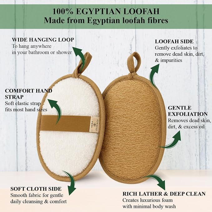 Natural Egyptian Loofah Body Scrubber (Pack of 2) – Dual-Sided Bath Sponge with Terry Cloth, Gentle Exfoliating Shower Loofah for Women & Men, Soft Body Wash Pad for Smooth Skin