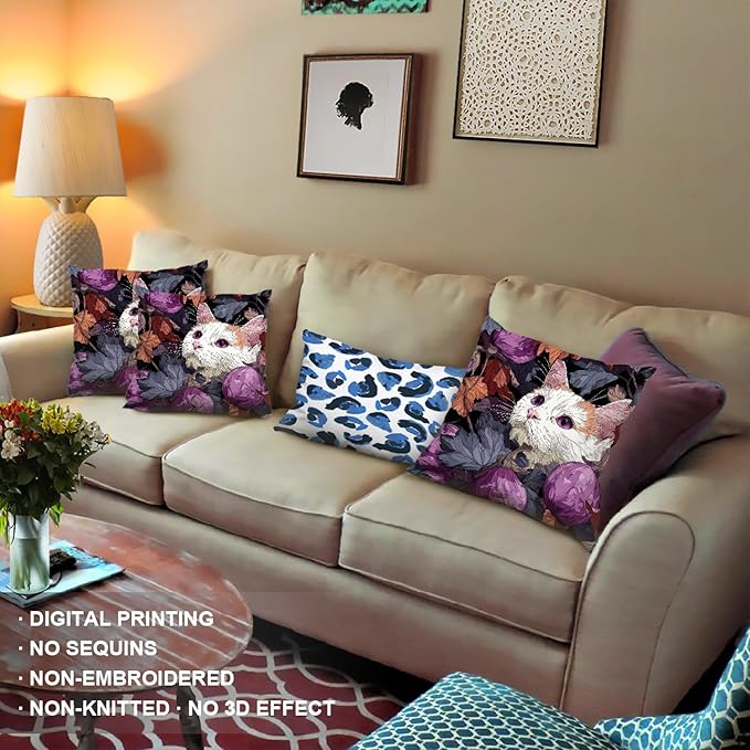 Shrahala Cute Cat Decorative Throw Pillow Cover, Cat Among Purple Fruits Square Pillowcase Blended Double-Sided No Inserts for Bedroom Living Room Set of 2 (20 x 20 in)