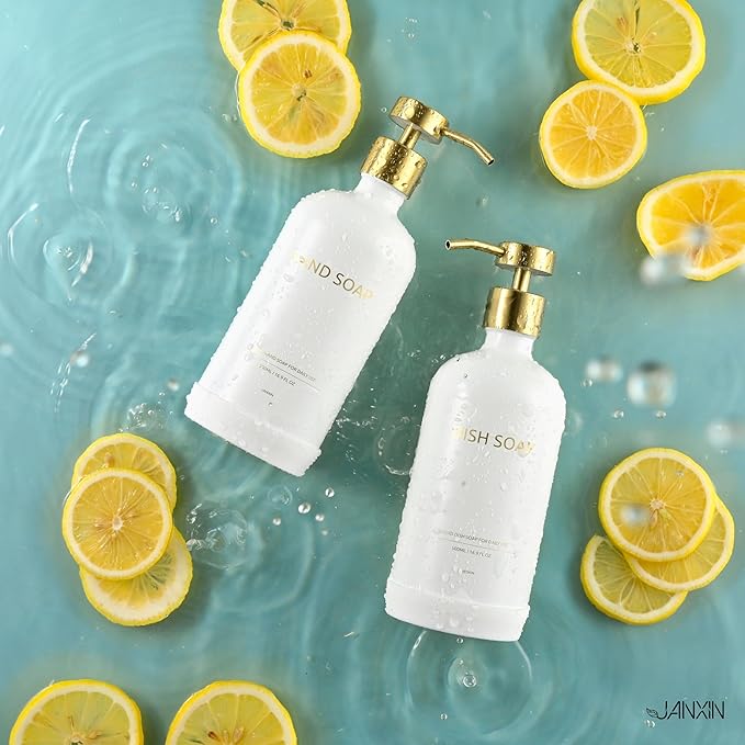 Glass Kitchen Soap Dispenser Set with Ceramic Tray,16.9 floz Hand and Dish Soap Dispenser for Kitchen and Bathroom Decor (White Bottles + Gold Pumps)