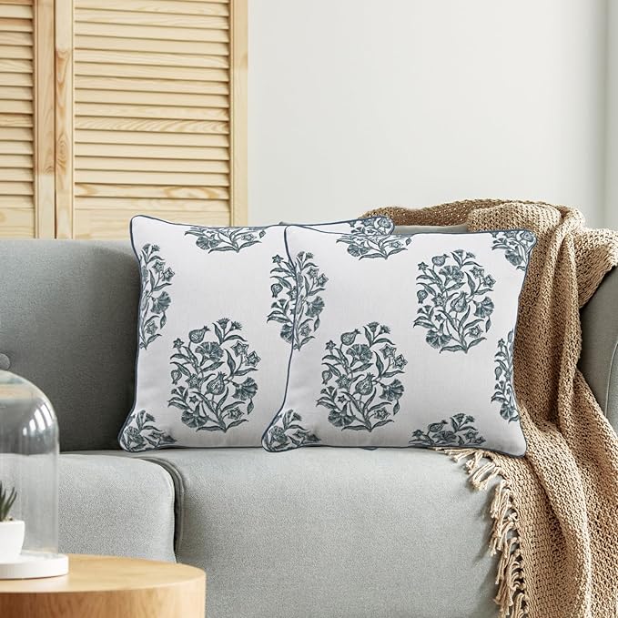 CPC Indigo Blue Block Print Throw Cushion Cover 20 x 20 Inch Set 2 - Decorative Boho Floral Pillow Case for Living Room, Bed, Sofa, Couch, Home Decor Cushion Cover Gift for Spring, Mother's Day