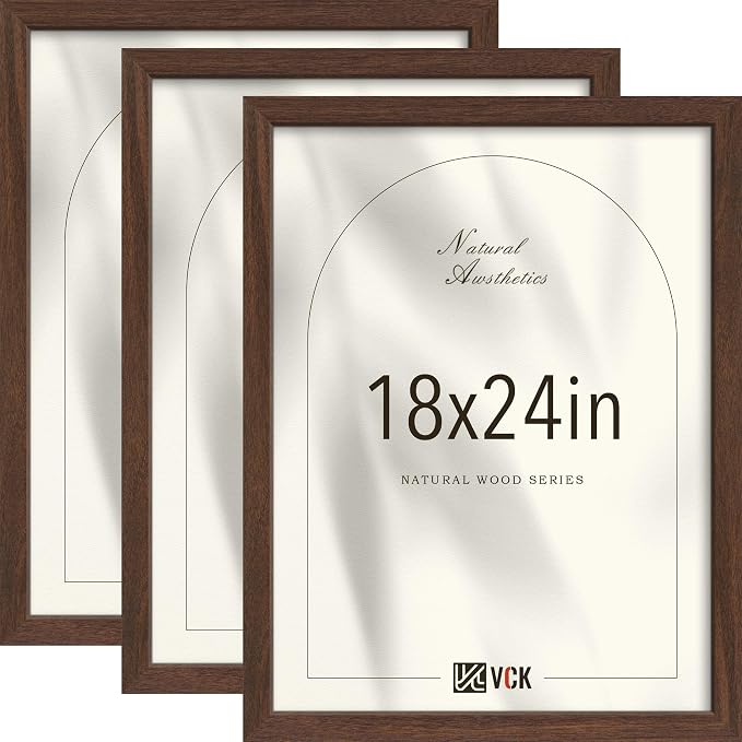 VCK 18x24 Poster Frame 3 Pack - Brown Solid Wood Picture Frames with Exclusive Wood Grain, Wall Hanging