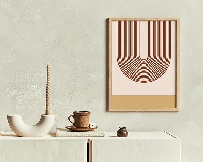 Continuous Line Face Wall Art Abstract Portrait Organic Shapes Earth Tones Terracotta Mid Century Modern 11x14 Inch Oak Wood Beige Framed Minimalist Line Drawing for Vanity